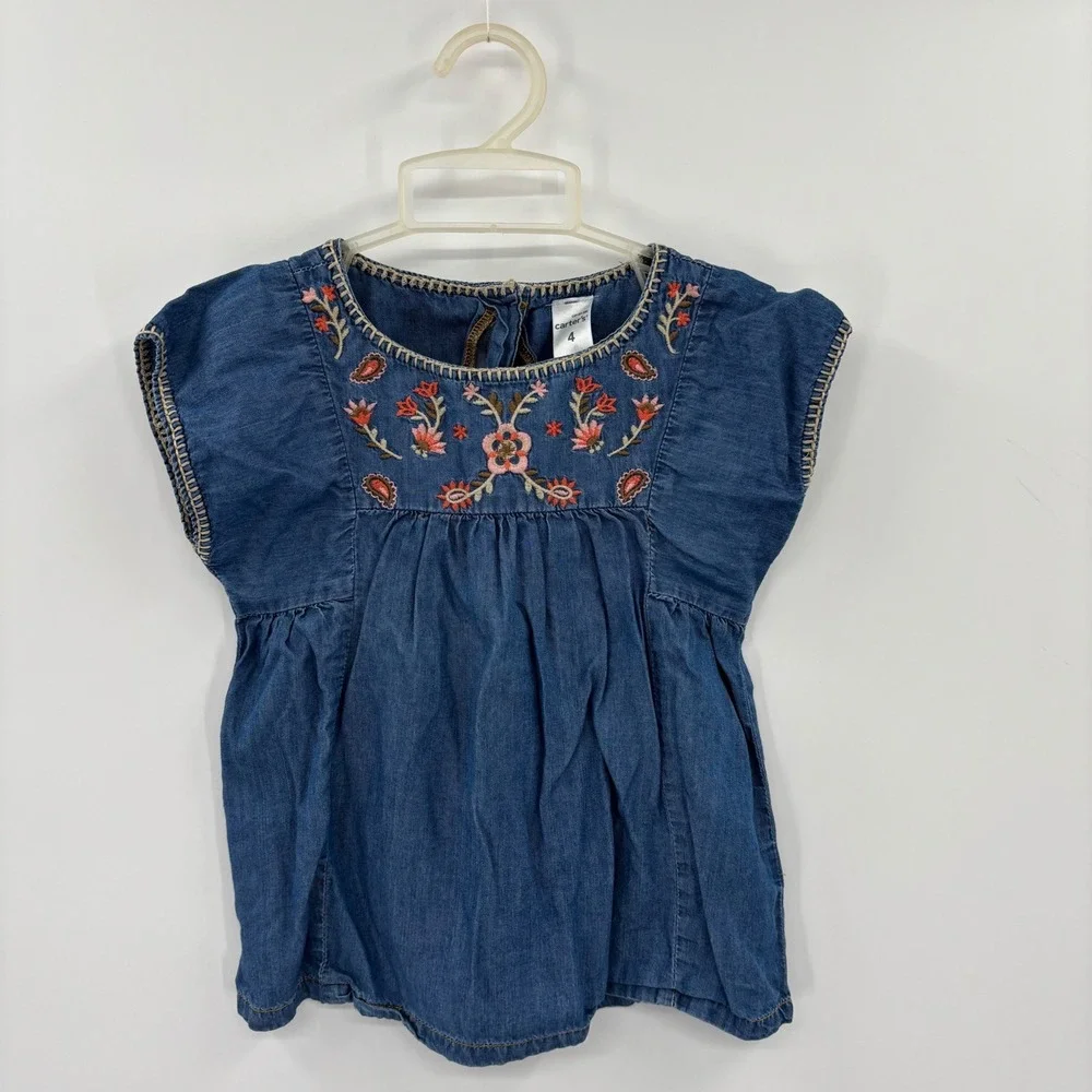 Carter's Embroidered Chambray Top Kids 4 Blue Floral Boho Babydoll Denim Cottage